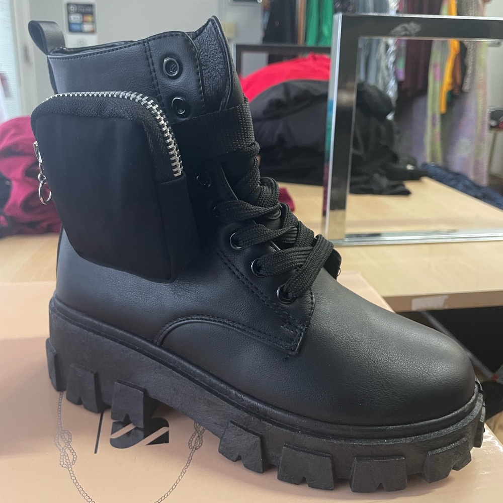 Black faux leather chunky sole ankle lace up boots womens